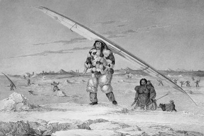 An Eskimaux of Igloolik, wearing a bird-skin jacket, carrying his canoe down to the water (from 